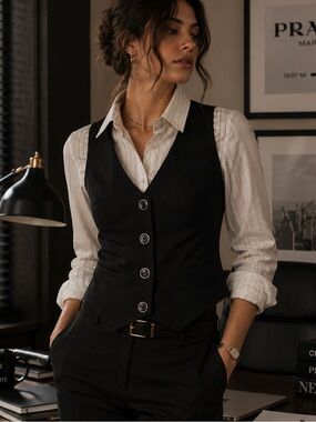 SPACEGIRLZ Tailored Black Button Front Office Siren Pleated Vest Size M